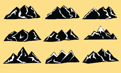 Mountain vector icons set. Set of mountain silhouette elements. Outdoor icon snow ice mountain tops, decorative symbols isolated. Camping mountain logo, travel labels, climbing or hiking badges 3 2 1
