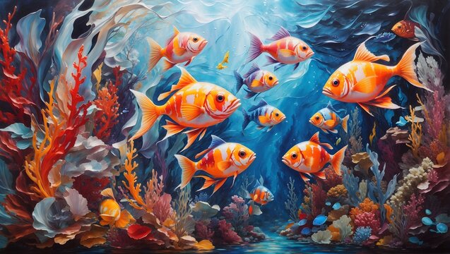 Oil painting in an abstract style of Beautiful Colorful fantasy underwater world with beautiful fishes.