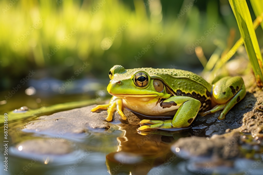 Wall mural a small green frog on a water pond