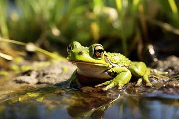 Obraz premium a small green frog on a water pond