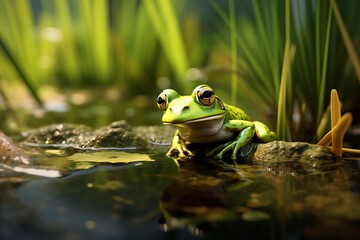 Fototapeta premium a small green frog on a water pond