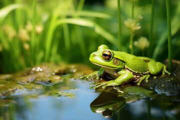 Obraz premium a small green frog on a water pond