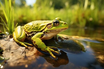 a small green frog on a water pond