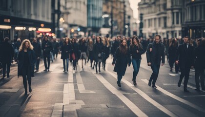Walking people blur. Lots of people walking in the City of London. Wide panoramic view of people...