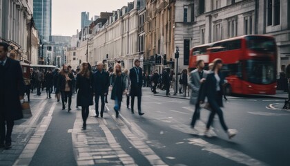 Walking people blur. Lots of people walking in the City of London. Wide panoramic view of people...