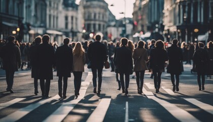 Walking people blur. Lots of people walking in the City of London. Wide panoramic view of people crowded
