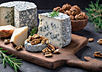Closeup of blue cheese with walnuts on a wooden background. Blue cheese with nuts and thyme on a wooden board.