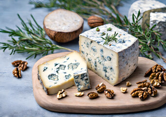 Obraz na płótnie Canvas Blue cheese with nuts and thyme on a wooden board. Closeup of blue cheese with walnuts on a wooden background.