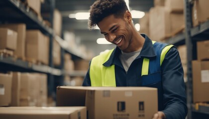 Warehouse worker scanning box while smiling at camera - obrazy, fototapety, plakaty