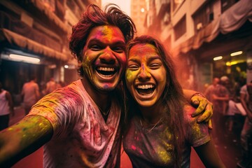 Obraz premium indian people celebrating holi festivan covered in colour powders on the streets of New Delhi