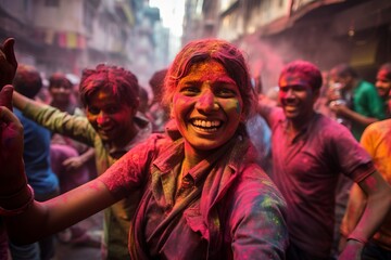 Fototapeta premium indian people celebrating holi festivan covered in colour powders on the streets of New Delhi
