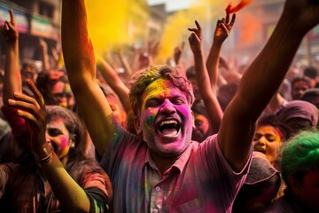 indian people celebrating holi festivan  covered in colour powders on the streets of New Delhi