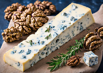 Closeup of blue cheese with walnuts on a wooden background.