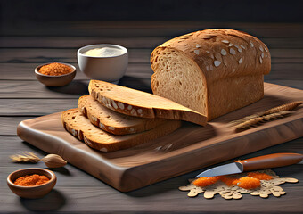 Crispy bread on a dark brown old wooden board. Close-up of bran bread sliced on a wooden board.