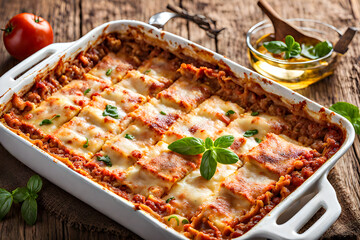 Close-up of lasagna in a baking dish on a wooden background