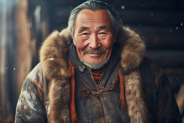 a close up portrait of an old inuit man looking to camer - obrazy, fototapety, plakaty