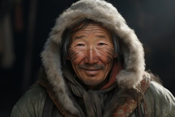 a close up portrait of an old inuit man looking to camer