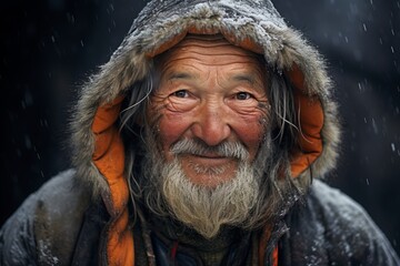 a close up portrait of an old inuit man looking to camera - obrazy, fototapety, plakaty