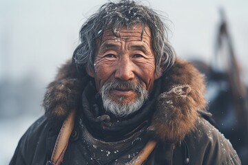 a close up portrait of an old inuit man looking to camer - obrazy, fototapety, plakaty
