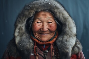 a close up portrait of an old inuit man looking to camera - obrazy, fototapety, plakaty