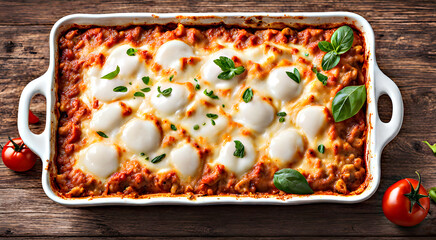 Lasagna in a baking dish on a wooden background. Lasagna in a baking dish, top view.