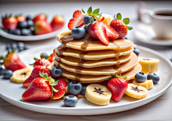 Pancakes with caramel and banana, blueberries, strawberries on a plate.