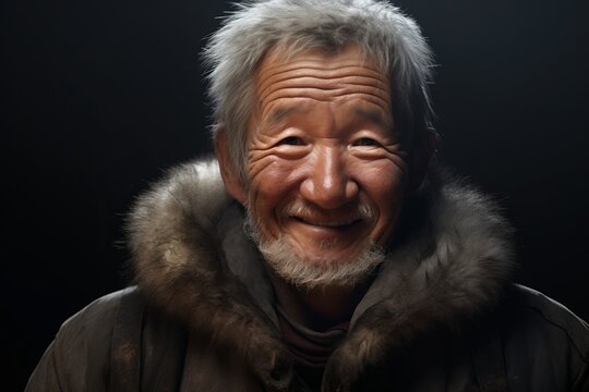 a close up portrait of an old inuit man looking to camer