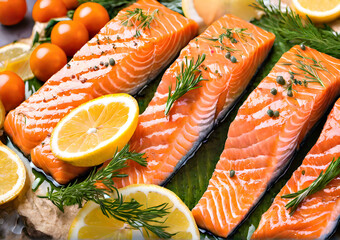 Salmon pieces with lemon and herbs close-up. Red salmon fish close-up.
