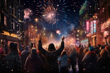 people celebrating new year's night on the streets