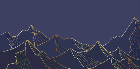 Blue mountain landscape wallpaper design with Golden line arts, Mountain range luxury background design for cover, invitation Vector illustration.