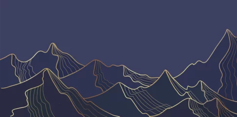 Zelfklevend Fotobehang Blue mountain landscape wallpaper design with Golden line arts, Mountain range luxury background design for cover, invitation Vector illustration. © lightgirl