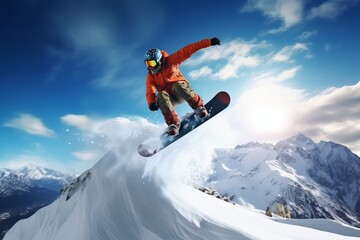 a snowboarder sliding down a mountain and doing an acrobatic jump in the air - Powered by Adobe