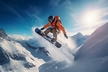 a snowboarder sliding down a mountain and doing an acrobatic jump in the air - obrazy, fototapety, plakaty