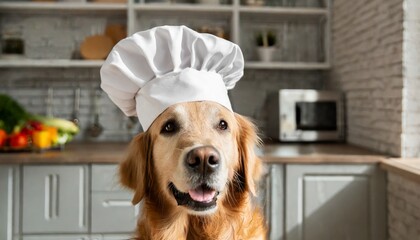 dog chef cooking in the kitchen, golden retriever cooking