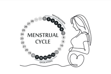 Menstrual cycle. Female calendar planner design.Continuous One line of pregnant woman with heart silhouette on white background. The concept of Menstrual cycle, new life.
