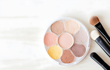 colorful makeup eyeshadow with shimmer on white wooden table soft light for beauty card decor
