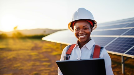 Engineer holding a digital tablet working in Solar Panels Power Farm. Green Energy Concept. - obrazy, fototapety, plakaty