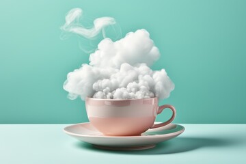 A stylish coffee cup, surrounded by a trail of fragrant smoke, sits atop a delicate saucer, ready to be filled with the warmth and comfort of a freshly brewed cup of tea - Powered by Adobe