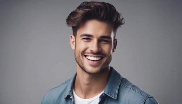 Young man with beautiful smile on grey background. Teeth whitening