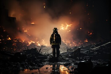 Amidst the raging flames and suffocating smoke, a brave firefighter stands in the midst of a fiery field, battling pollution and the scorching heat of the night, with the majestic mountain as their b - obrazy, fototapety, plakaty