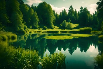 Summer lake on green nature landscape