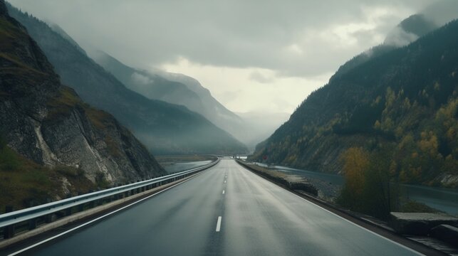 Highway on mountain road in a cloudy day.Generative AI