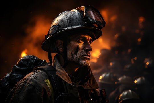A determined firefighter faces the violent blaze, his helmet shielding his human face from the billowing smoke and flames in the outdoor inferno