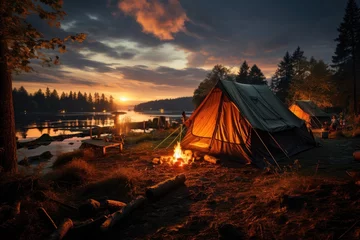 Kussenhoes Amidst the vast landscape, a tepee stands tall on the beach, its warm glow illuminating the night sky while the fire crackles below, creating a sense of peace and adventure in the midst of nature's b © Larisa AI