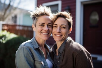 Portrait of a happy middle aged lesbian couple outside their home