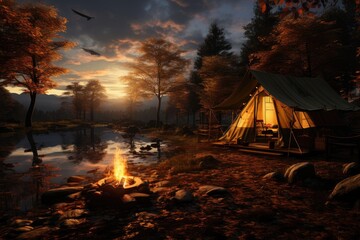 As the sun sets behind the towering trees, the crackling campfire illuminates the peaceful night sky, casting a warm glow on the cozy tent and surrounding nature