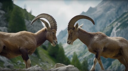 Ibex fight in the rocky mountain area wild animals.Generative AI - obrazy, fototapety, plakaty
