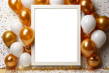 Fototapeta na wymiar A empty transparent frame with balloons and gold glitter on it, PNG file, birthday and party