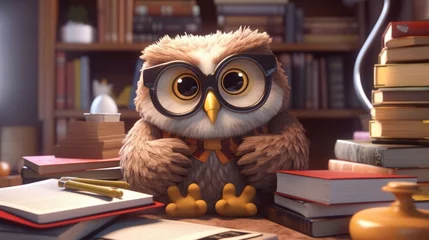 Foto auf Glas kind cute owl in the glasses and books around cartoon.Generative AI © shuvodesign