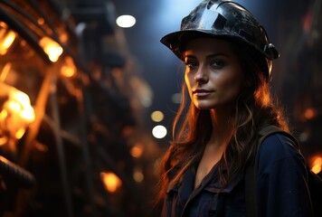 Under the dim streetlights of the bustling city, a determined woman stands tall in her hard hat, ready to conquer any challenge in her way